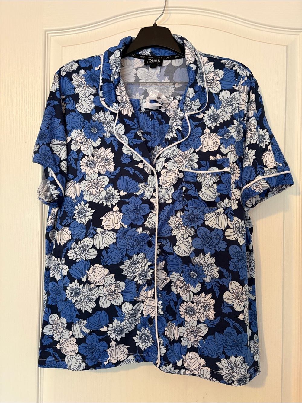 Jones New York Navy and Blue Floral Pajama Top and Bottom with White Piping - Picture 2 of 16